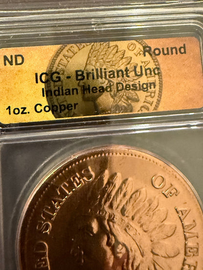 1 oz Copper Round Indian Head Cent Style ICG Brilliant Uncirculated