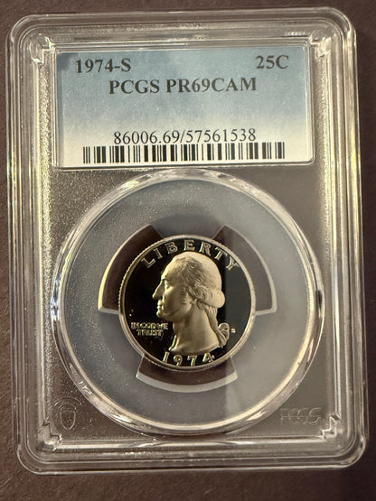 1974-S Washington Quarter PCGS PR69CAM Proof Deep Cameo Clad 25C