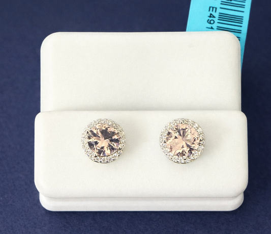 Sterling Silver Morganite Stud Earrings 6mm Round Halo 1.76 CTW Pink | 0229