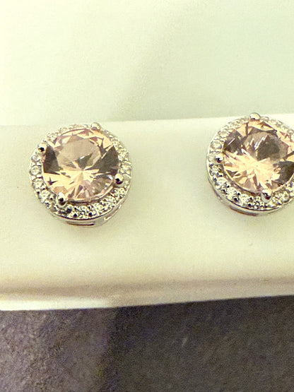Sterling Silver Morganite Stud Earrings 6mm Round Halo 1.76 CTW Pink | 0229