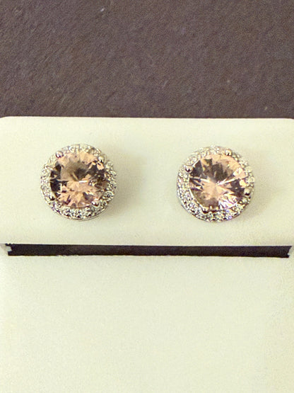 Sterling Silver Morganite Stud Earrings 6mm Round Halo 1.76 CTW Pink | 0229