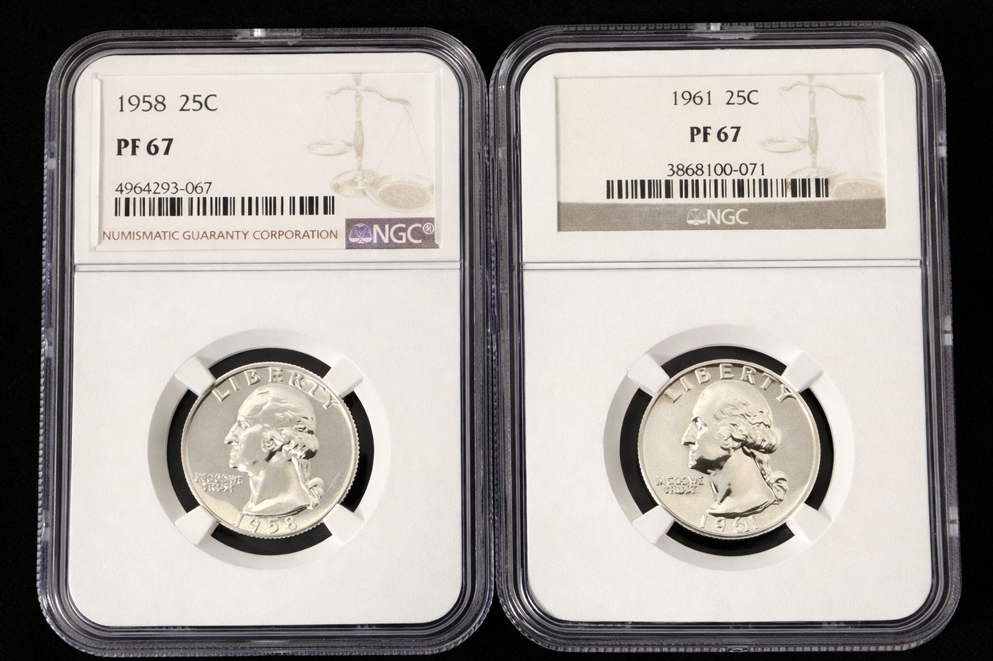 1958 1961 Proof Washington Quarters NGC PF67 2 Coin Silver Set