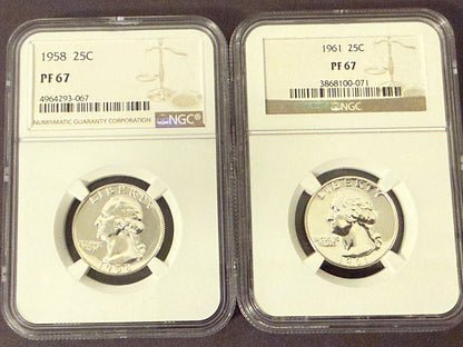 1958 1961 Proof Washington Quarters NGC PF67 2 Coin Silver Set