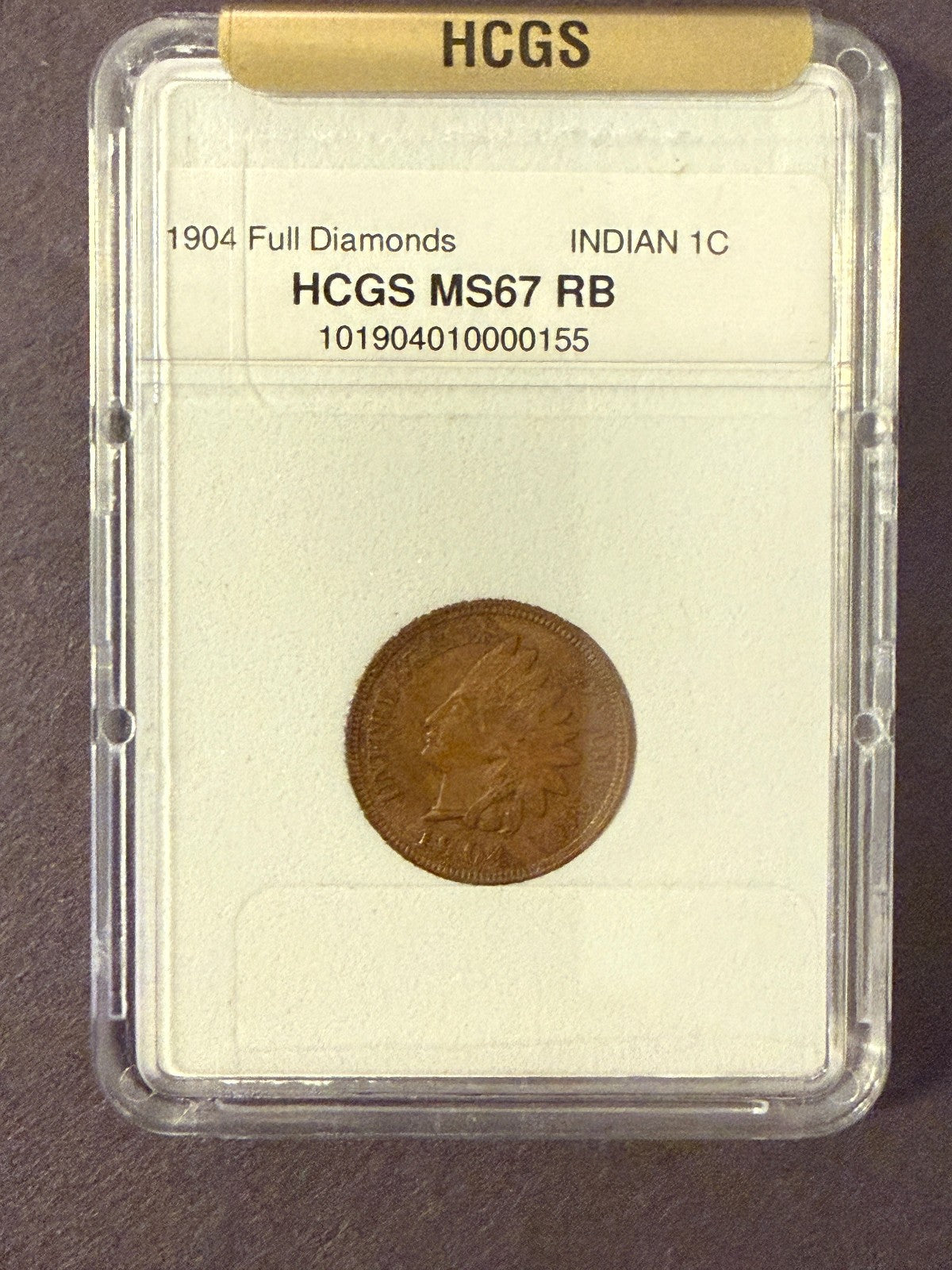 1904 Indian Head Cent HCGS MS67 RB Full Diamonds Rare High Grade Coin