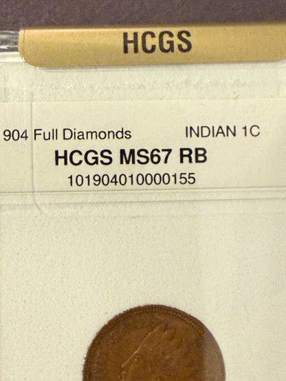 1904 Indian Head Cent HCGS MS67 RB Full Diamonds Rare High Grade Coin