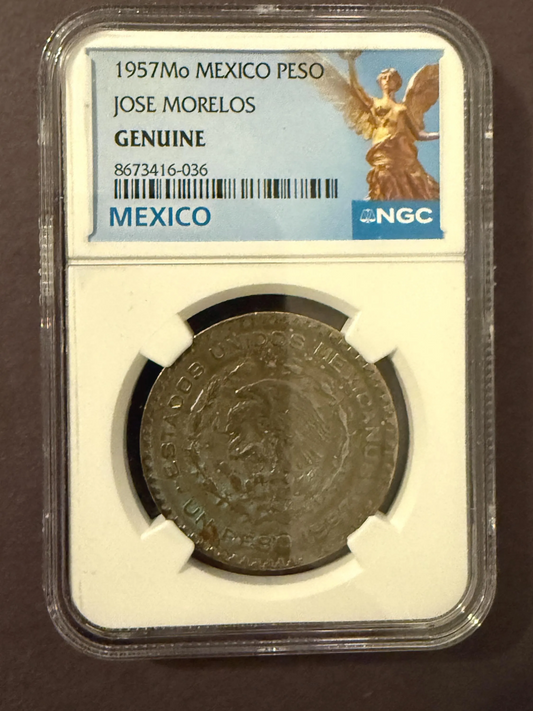 1957 Mo Mexico Silver Peso Jose Morelos NGC Genuine .720 Silver Coin