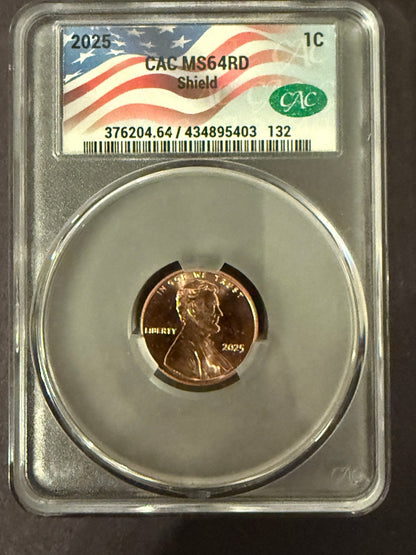 2025 Lincoln Shield Cent CAC MS64 RD Certified Penny CAC Graded Coin