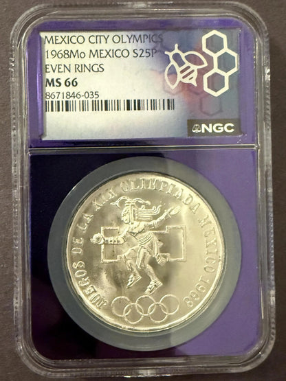 1968 Mexico Olympics 25 Pesos Silver Coin NGC MS66 KM479 Aztec Design
