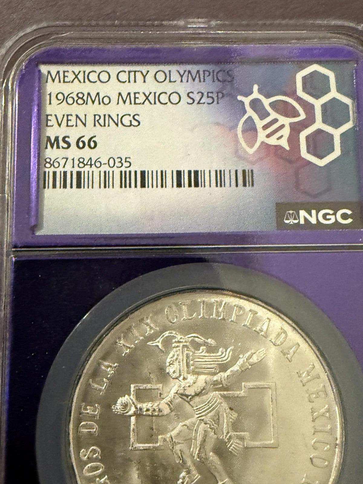 1968 Mexico Olympics 25 Pesos Silver Coin NGC MS66 KM479 Aztec Design