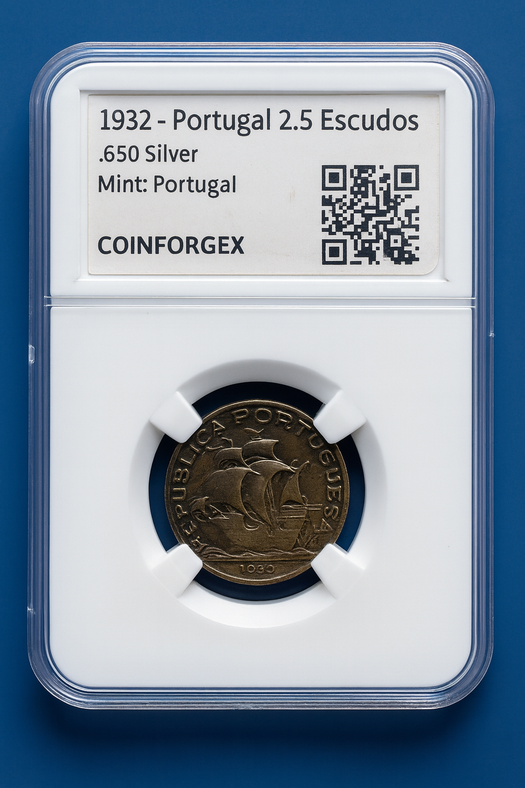 1932 Portugal 2.5 Escudos Silver Coin .650 Fine COINFORGEX Holder