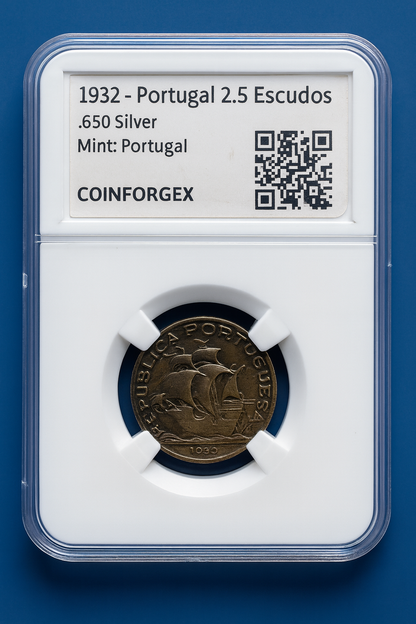 1932 Portugal 2.5 Escudos Silver Coin .650 Fine COINFORGEX Holder
