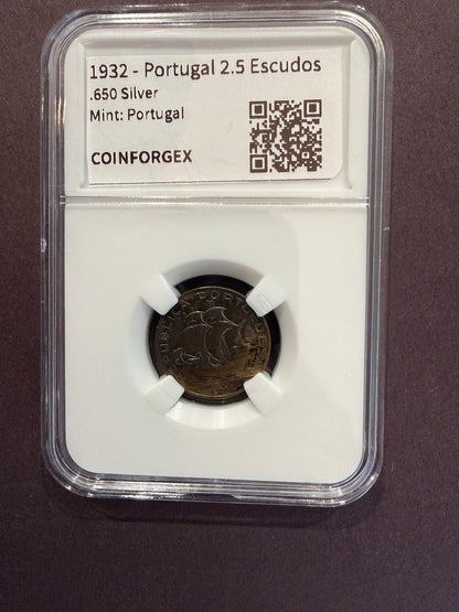1932 Portugal 2.5 Escudos Silver Coin .650 Fine COINFORGEX Holder