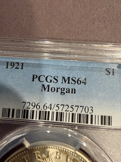 1921 Morgan Silver Dollar PCGS MS64 Brilliant UNC High Grade Coin