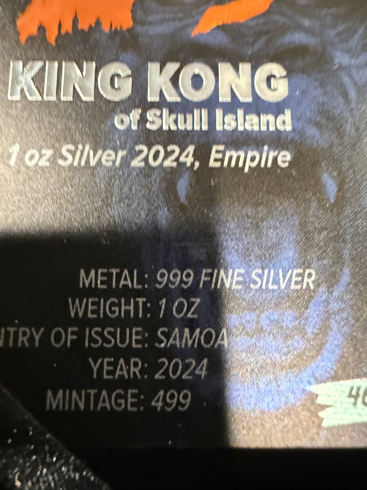 2024 King Kong Skull Island 1oz .999 Silver Colorized Samoa Coin