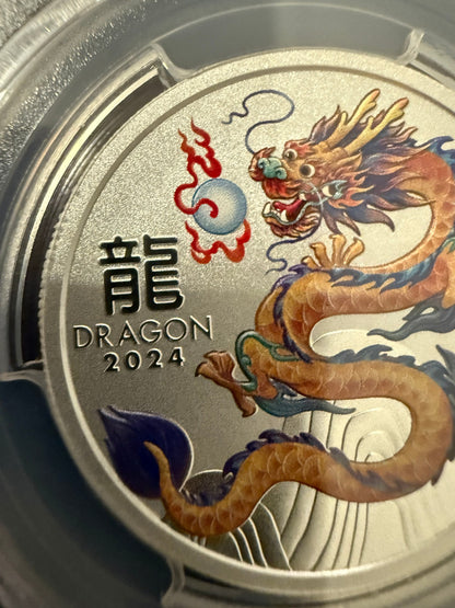 2024 Year of the Dragon 1/2 oz Silver MS70 PCGS Colorized Coin