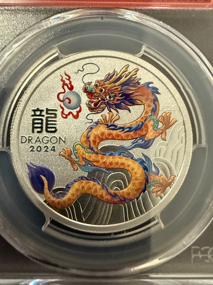 2024 Year of the Dragon 1/2 oz Silver MS70 PCGS Colorized Coin