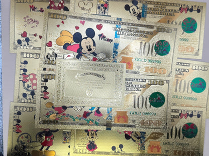 Disney Mickey Minnie 24K Gold Foil $100 Bills 8pc Set Not Legal Tender