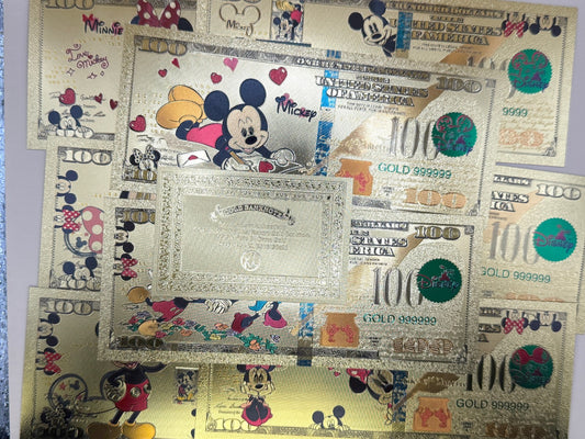 Disney Mickey Minnie 24K Gold Foil $100 Bills 8pc Set Not Legal Tender