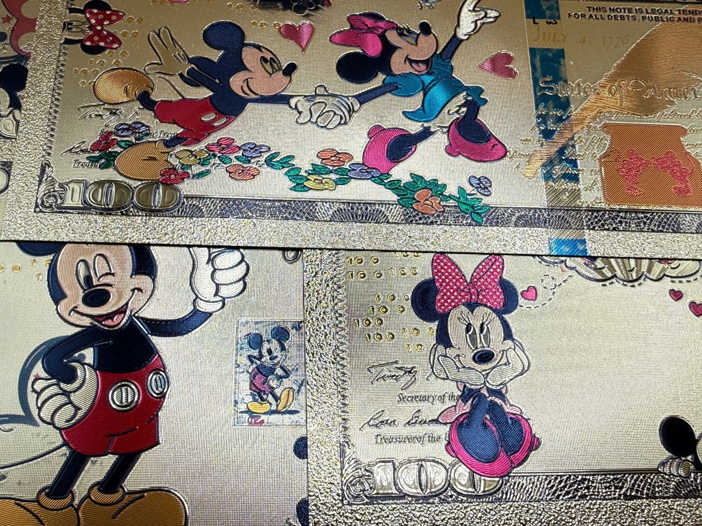 Disney Mickey Minnie 24K Gold Foil $100 Bills 8pc Set Not Legal Tender