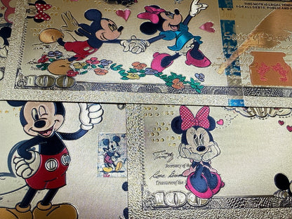 Disney Mickey Minnie 24K Gold Foil $100 Bills 8pc Set Not Legal Tender