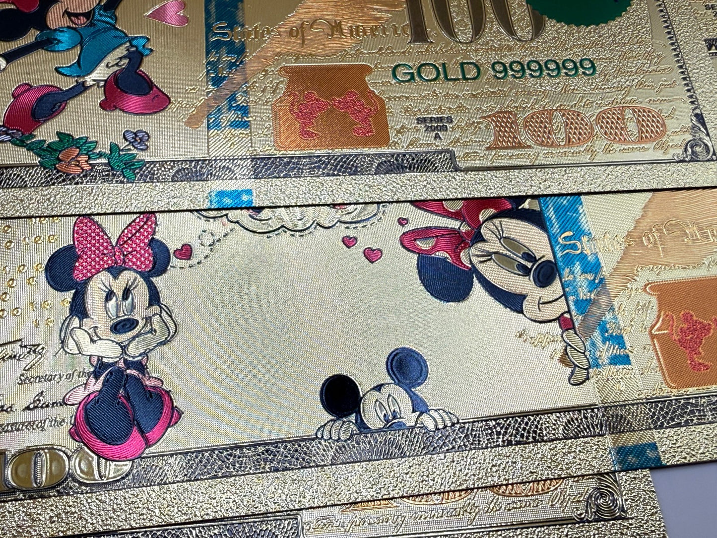 Disney Mickey Minnie 24K Gold Foil $100 Bills 8pc Set Not Legal Tender