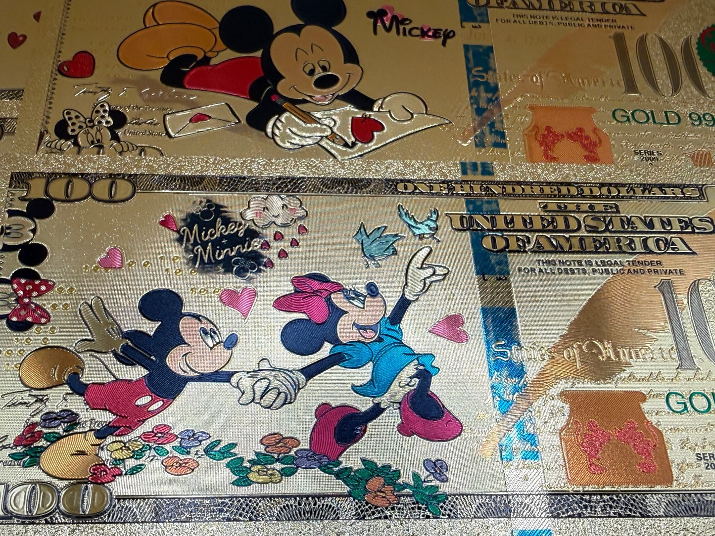 Disney Mickey Minnie 24K Gold Foil $100 Bills 8pc Set Not Legal Tender