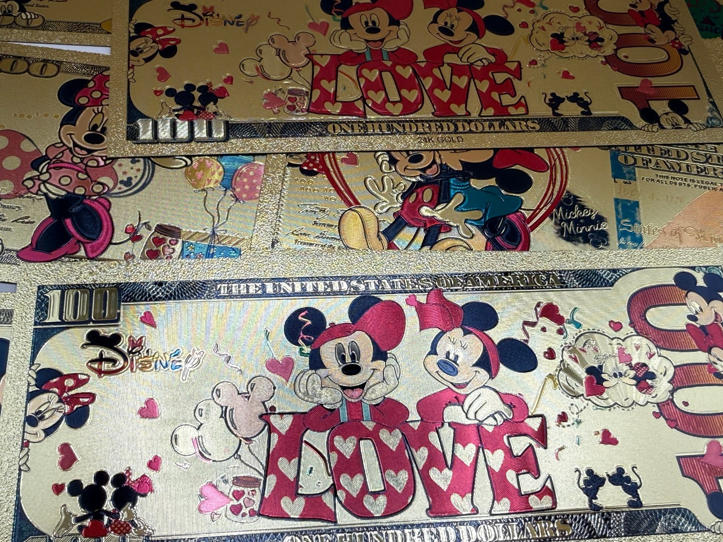 Disney Mickey Minnie 24K Gold Foil $100 Bills 8pc Set Not Legal Tender