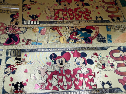 Disney Mickey Minnie 24K Gold Foil $100 Bills 8pc Set Not Legal Tender