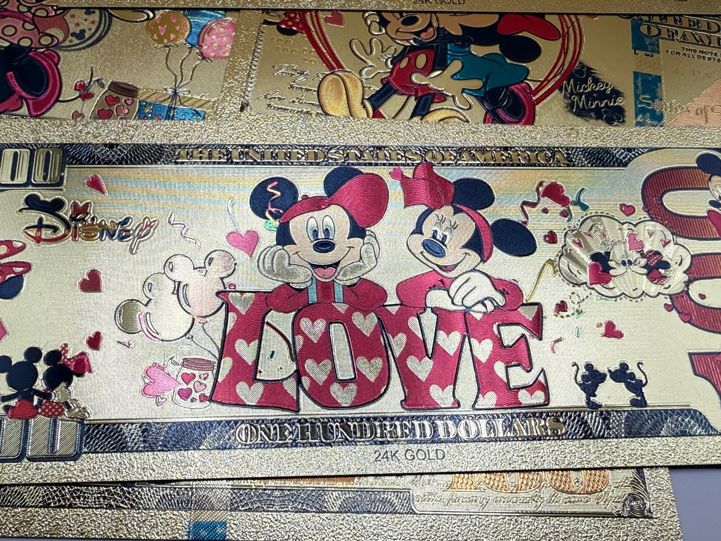 Disney Mickey Minnie 24K Gold Foil $100 Bills 8pc Set Not Legal Tender