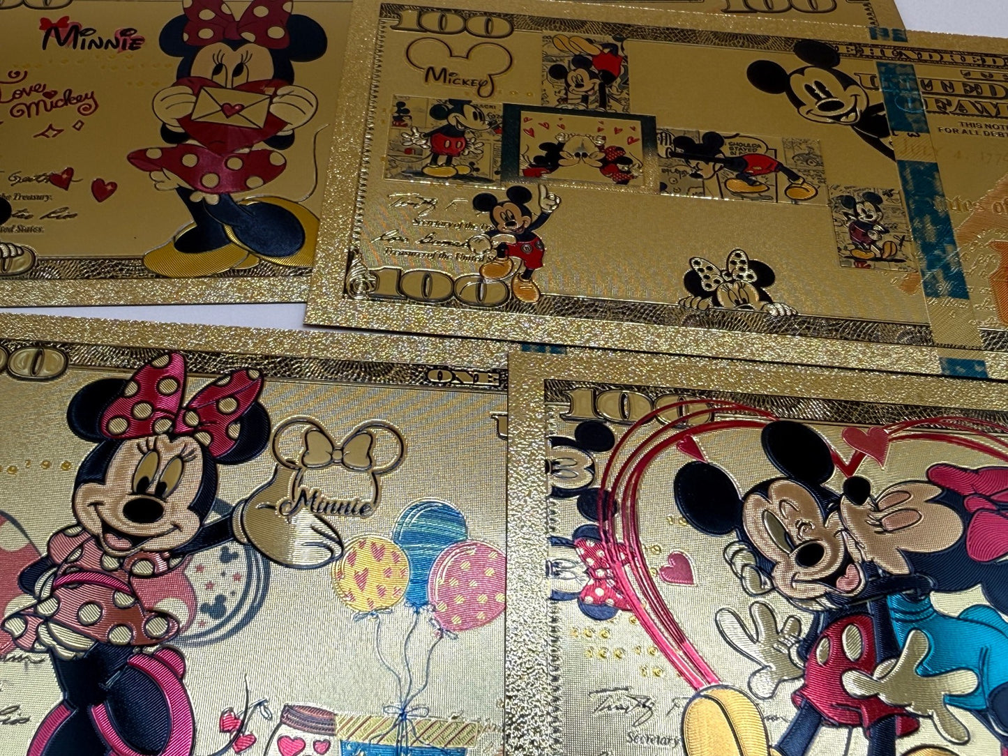Disney Mickey Minnie 24K Gold Foil $100 Bills 8pc Set Not Legal Tender