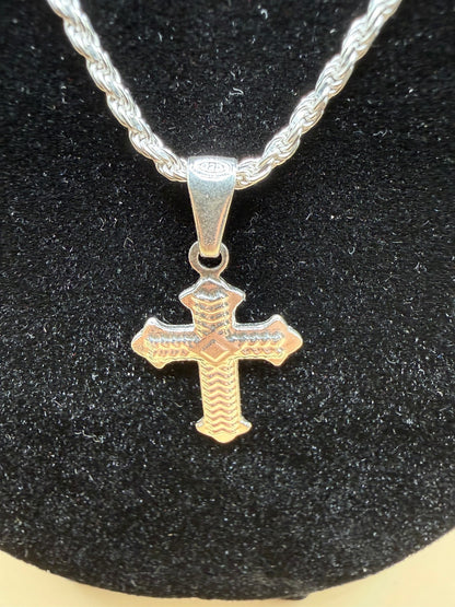 Sterling Silver 925 Rope Chain Necklace 18" With Silver Cross Pendant