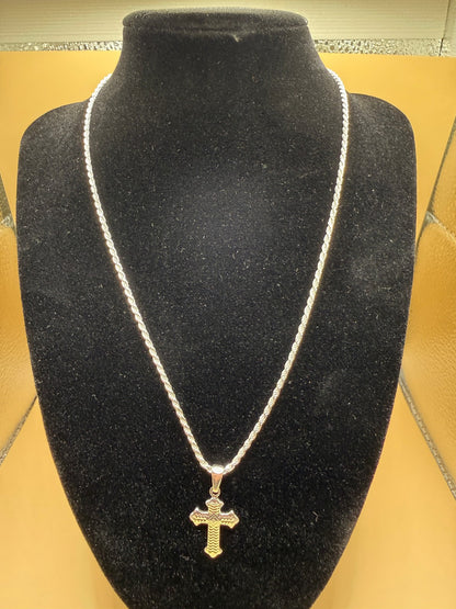 Sterling Silver 925 Rope Chain Necklace 18" With Silver Cross Pendant