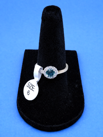 Sterling Silver 925 Blue Green CZ Halo Ring Size 6 Round Cut Stone