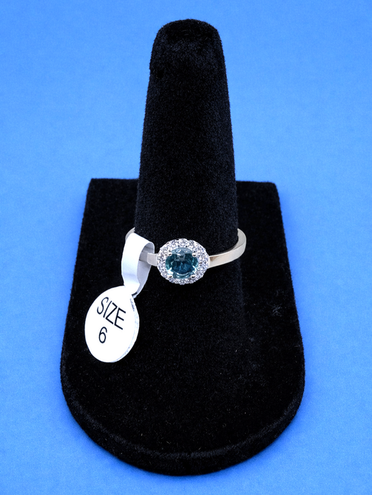 Sterling Silver 925 Blue Green CZ Halo Ring Size 6 Round Cut Stone
