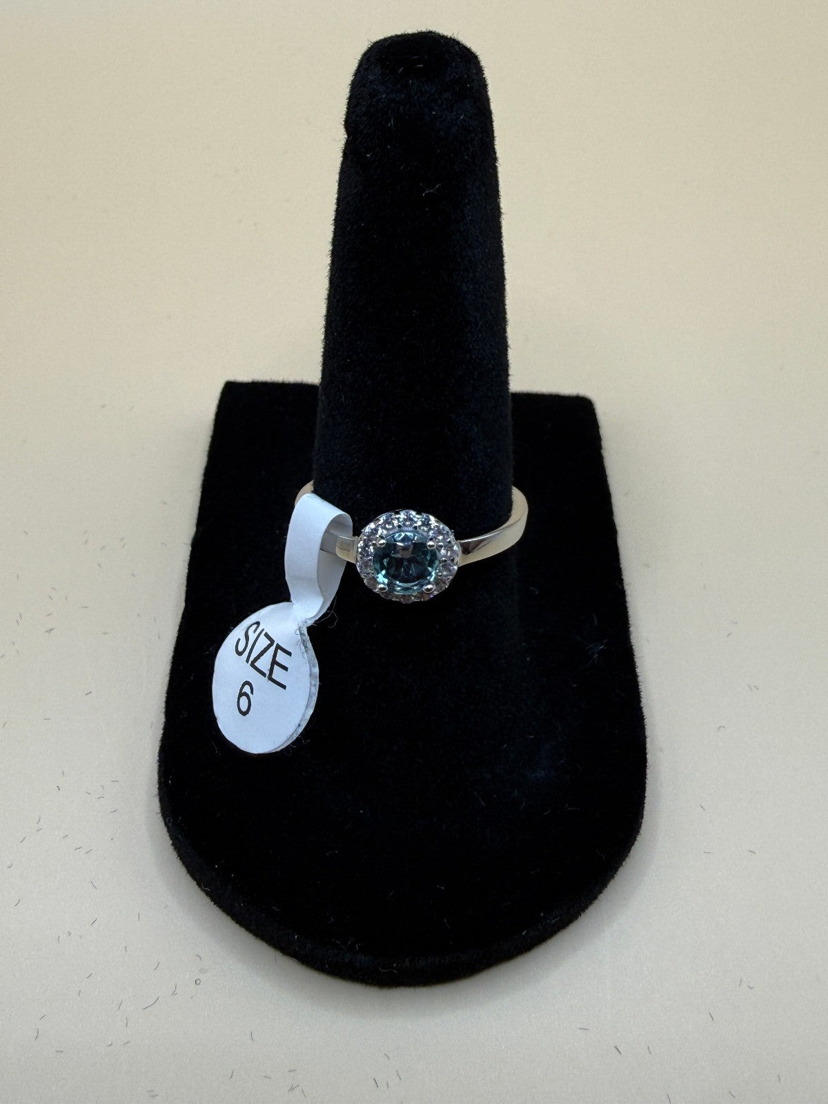 Sterling Silver 925 Blue Green CZ Halo Ring Size 6 Round Cut Stone