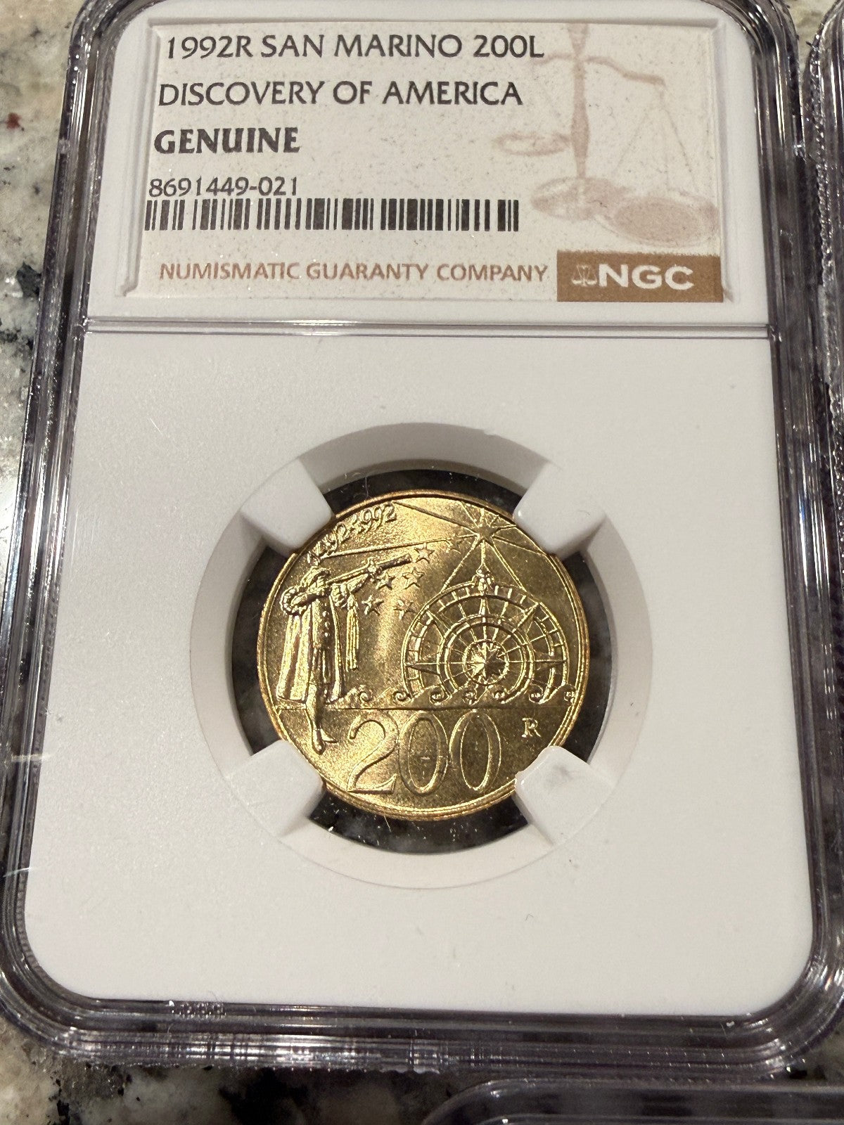 1992R San Marino 200 Lire Discovery of America NGC Genuine WWII Dates