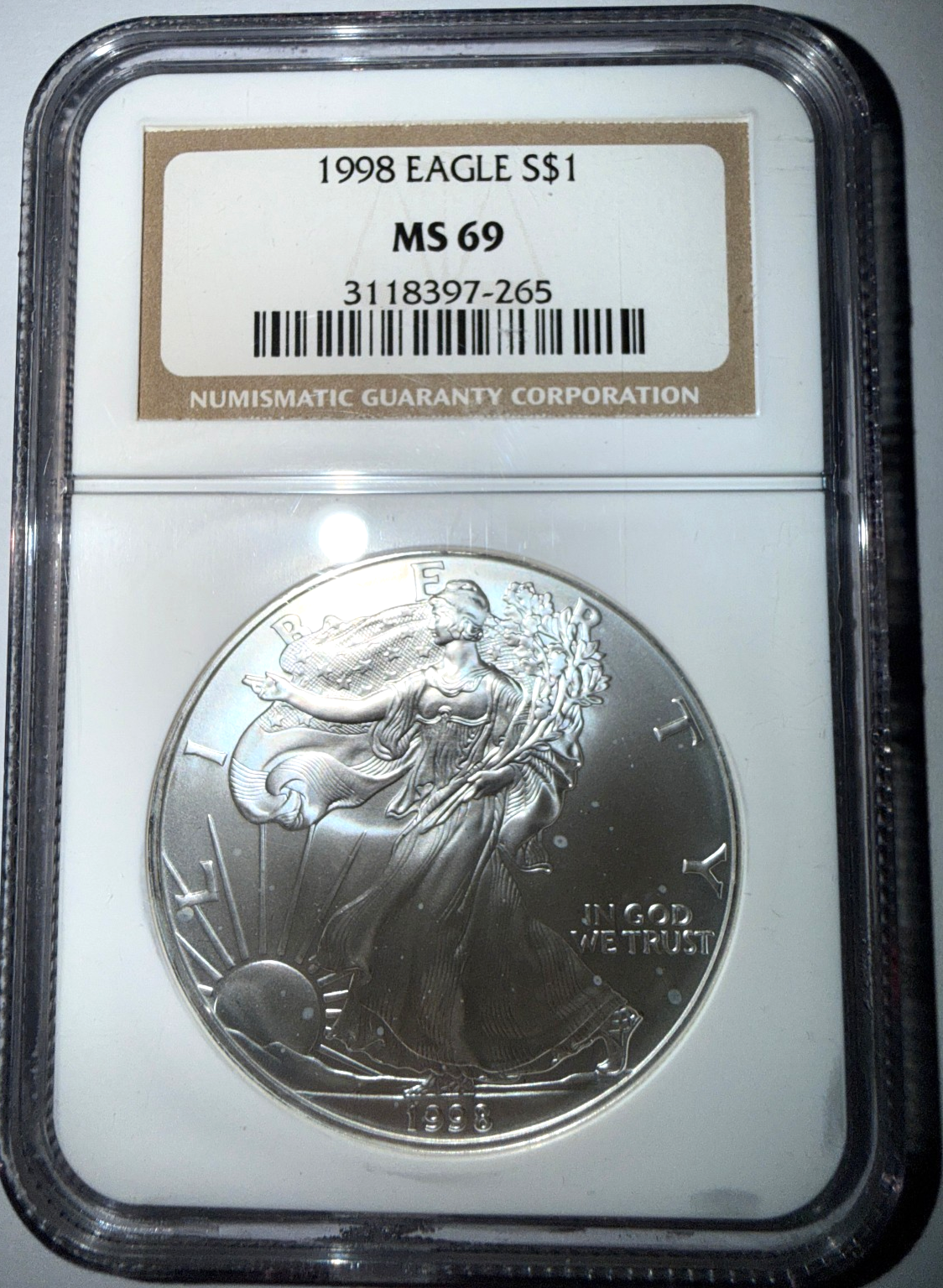 1998 American Silver Eagle NGC MS69 Brilliant Uncirculated .999 Silver Coin