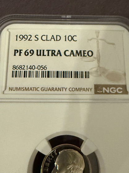 1992-S Roosevelt Dime PF69 Ultra Cameo NGC Proof Clad 10C Certified