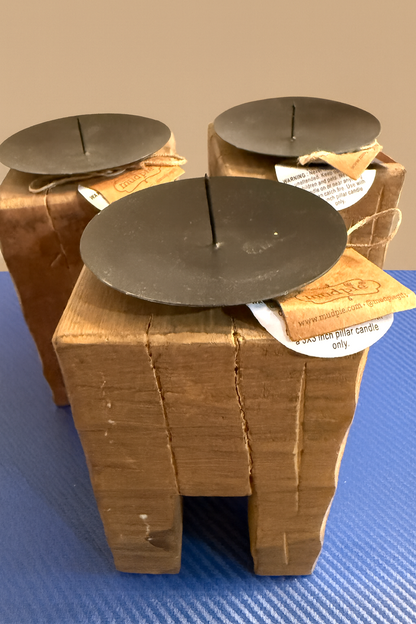 Mud Pie Rustic Wooden Pillar Candle Holders Set of 3 Metal Plates Farmhouse