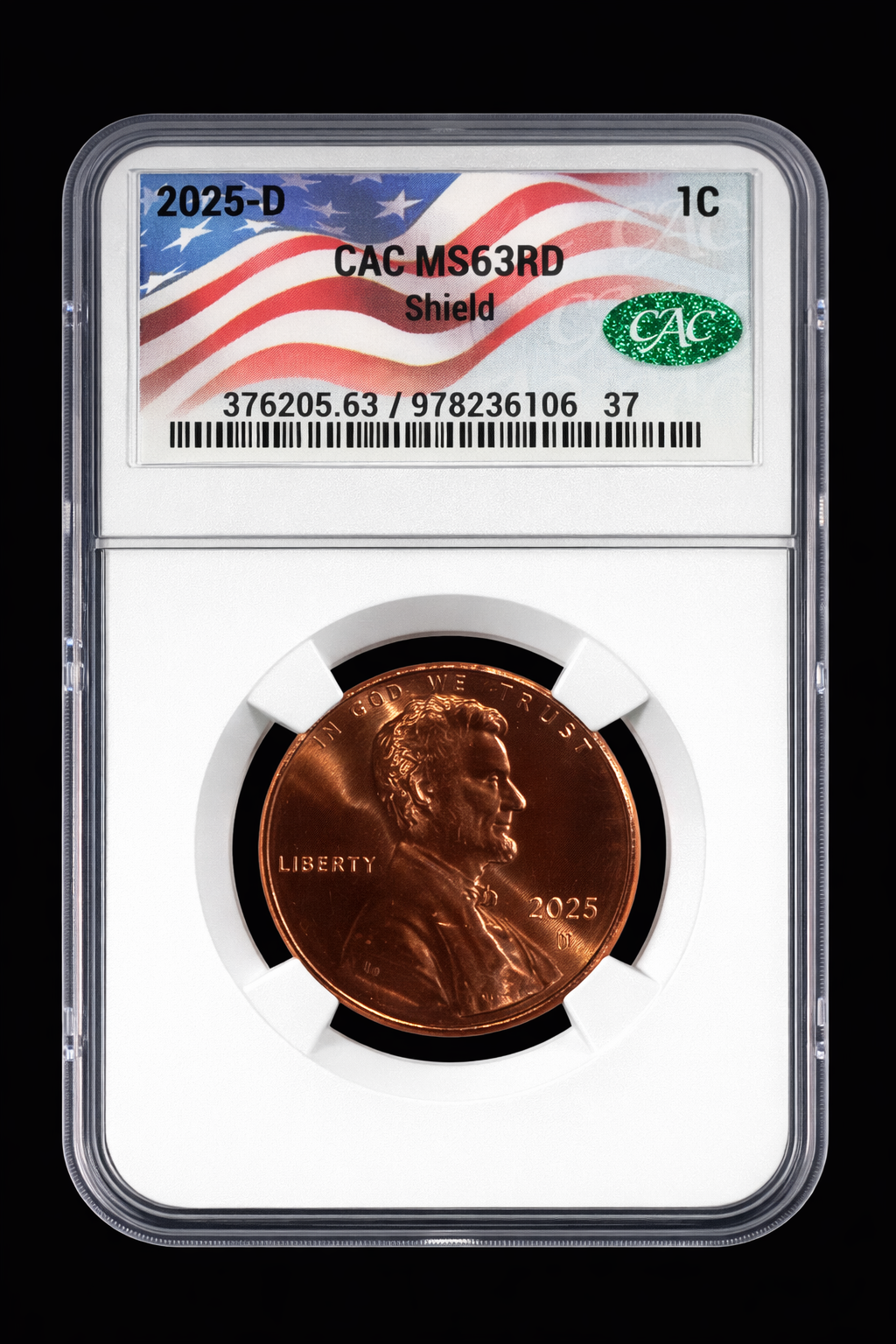 2025-D Lincoln Shield Cent CAC MS63RD Prooflike Certified Red Penny