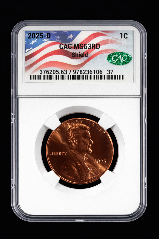 2025-D Lincoln Shield Cent CAC MS63RD Prooflike Certified Red Penny