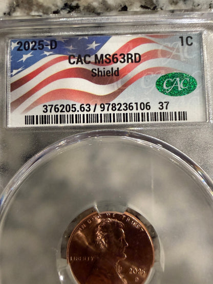 2025-D Lincoln Shield Cent CAC MS63RD Prooflike Certified Red Penny