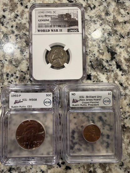 1993 P Kennedy Half Dollar MS68 ICG & 1943 P WWII War Nickel Silver Coins