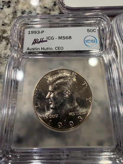 1993 P Kennedy Half Dollar MS68 ICG & 1943 P WWII War Nickel Silver Coins