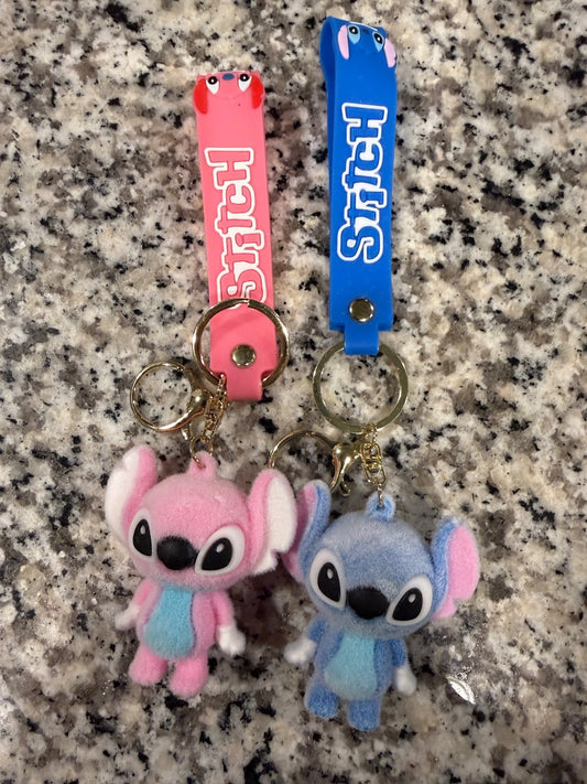 Stitch Inspired 2 Pack Flocked Plush Keychain Set Pink and Blue Cute | 0413