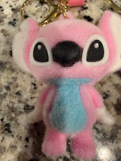 Stitch Inspired 2 Pack Flocked Plush Keychain Set Pink and Blue Cute | 0413