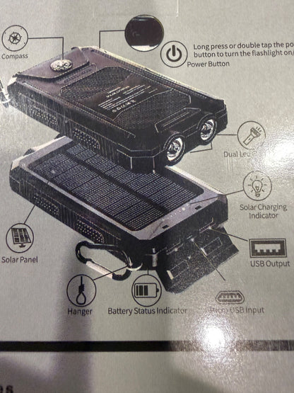 Solar Power Bank Portable Charger Dual LED Flashlight Outdoor USB Backup