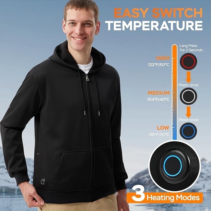 Heated Hoodie 7 Zones Electric Heating Jacket Zip Up USB Thermal Sweatshirt