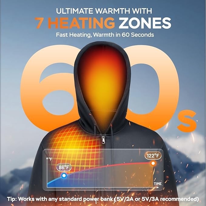 Heated Hoodie 7 Zones Electric Heating Jacket Zip Up USB Thermal Sweatshirt