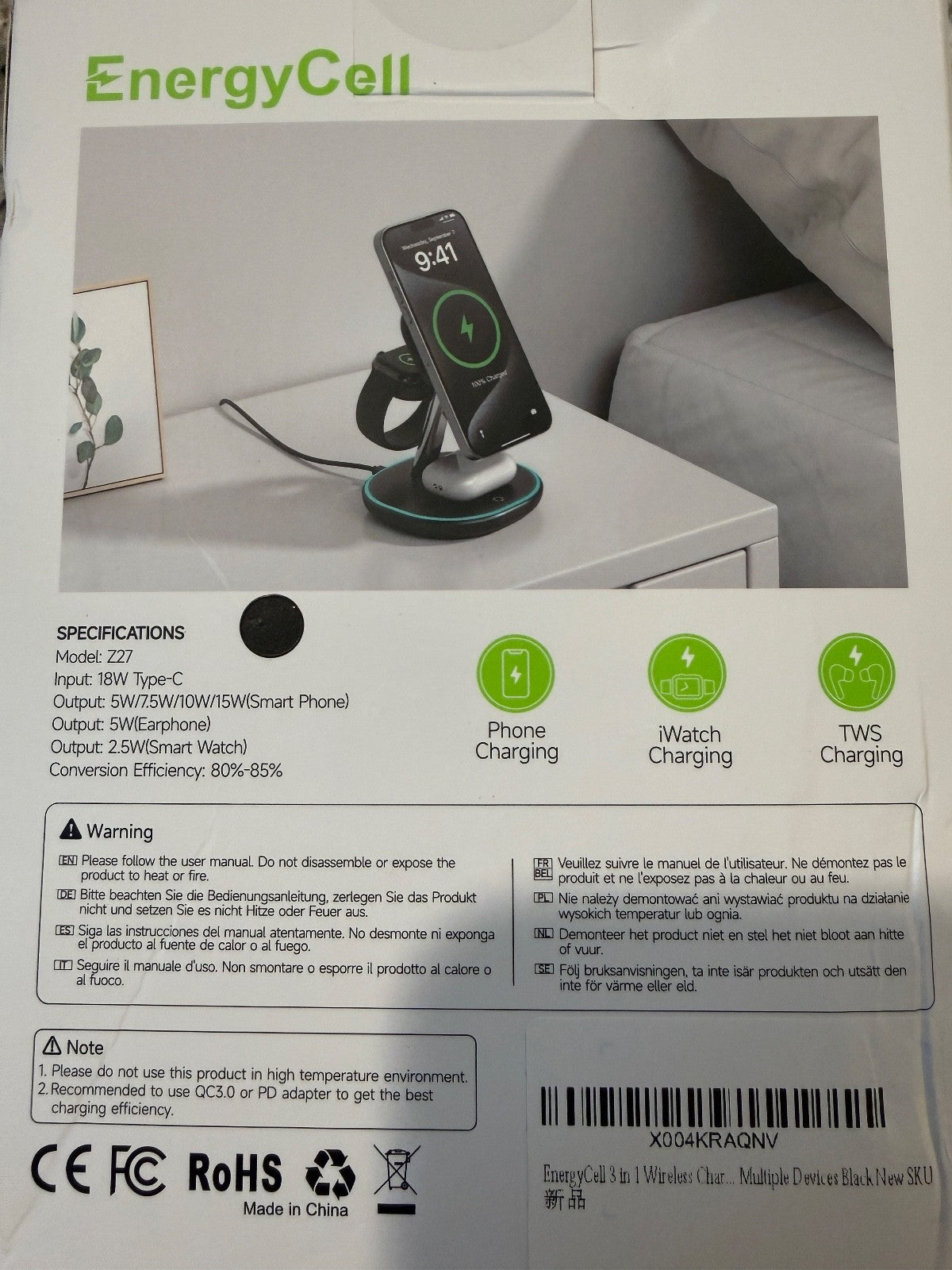EnergyCell 3 in 1 Wireless Charging Station Fast Charger for Phone/Watch